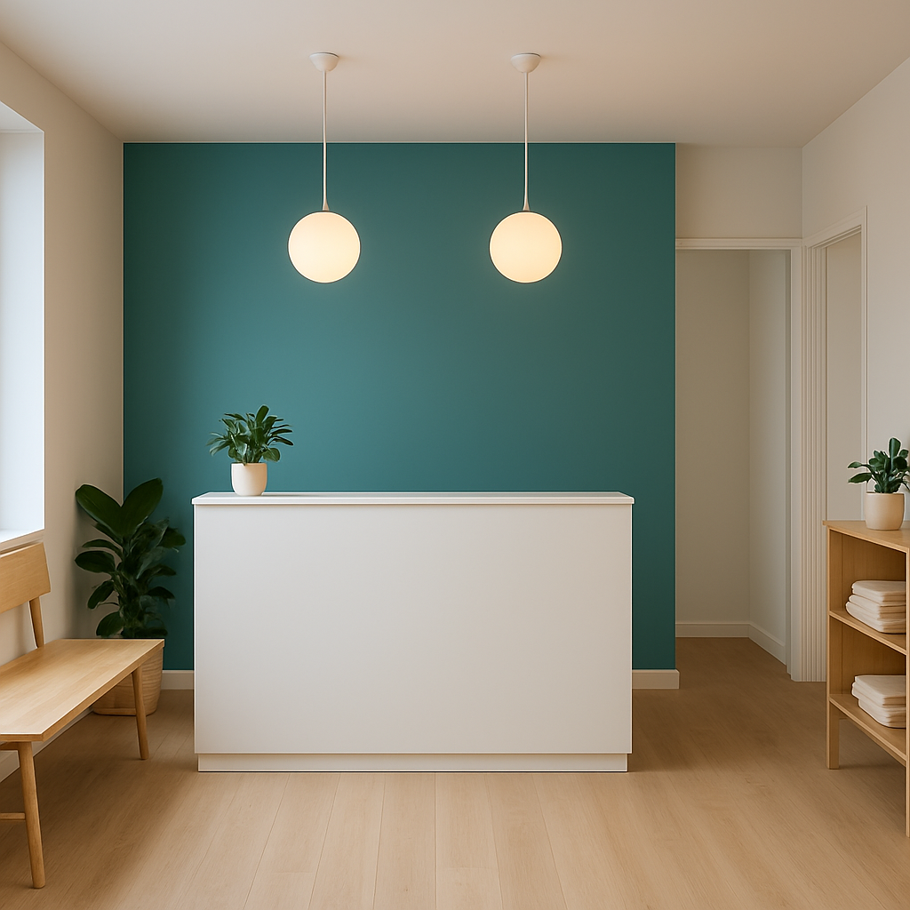 Einladender Empfangsbereich der Praxis Physio Balance mit modernem Scandinavian-Design und Teal-Akzenten