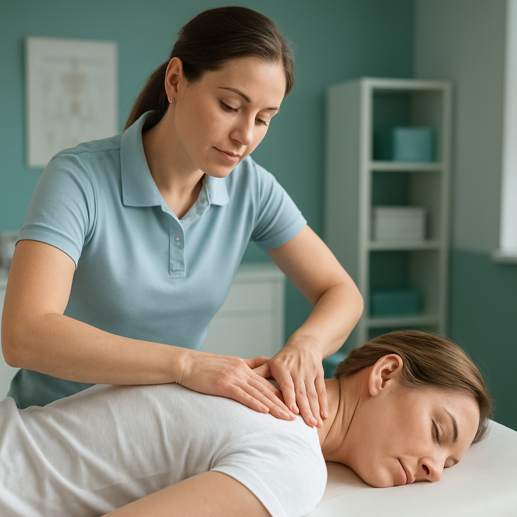 Physiotherapeutin führt eine sanfte Wirbelsäulenmobilisation bei einem liegenden Patienten durch